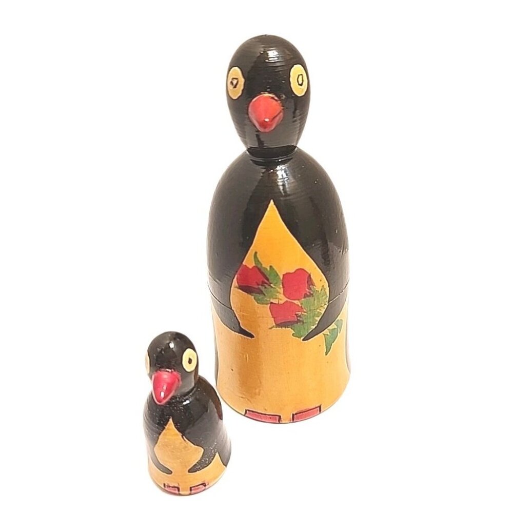Vintage Set Of 2 Russian Soviet USSR Wooden Nesting Penguin Dolls Rare